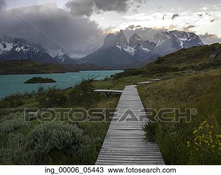 Stock Image - Boardwalk at Lake Pehoe, Torres del Paine National Park, Patagonia, Chile. Fotosearch