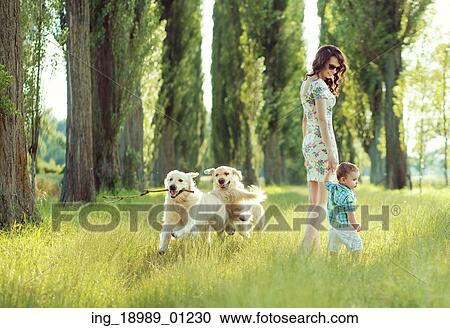 Stock Image - Child playing with mom and happy dogs. Fotosearch