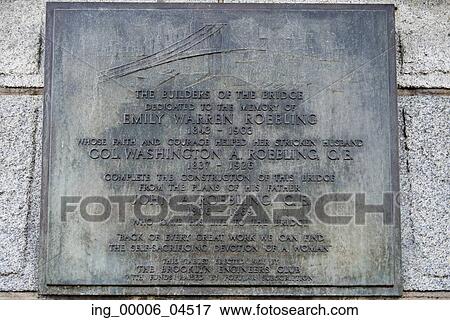 Stock Photo - Close-up of a plaque, Brooklyn Bridge, Fulton Ferry District, New York City, New York State, USA. Fotosearch