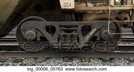 Stock Image - Close-up of train wheel on railroad track, Kenora, Lake Of The Woods, Ontario, Canada. Fotosearch