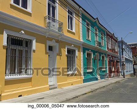 Stock Photo - Colorful Houses along a street, Valparaiso, Chile. Fotosearch
