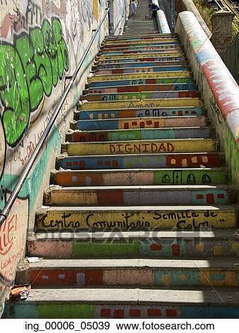 Colorful painted stairway, Valparaiso, Chile View Large Photo Image Stock Photo - Colorful painted stairway, Valparaiso, Chile. Fotosearch
