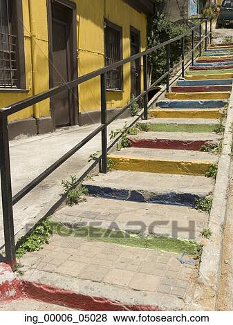 Colorful painted steps along house, Valparaiso, Chile View Large Photo Image Stock Photo - Colorful painted steps along house, Valparaiso, Chile. Fotosearch