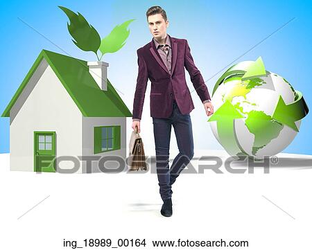 Picture - Eco style handsome businessman with suitcase. Fotosearch