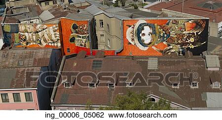 Stock Image - Elevated view of buildings with painted mural, Valparaiso, Chile. Fotosearch
