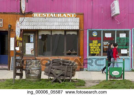 Stock Photo - Facade of a restaurant, Puerto Natales, Patagonia, Chile. Fotosearch