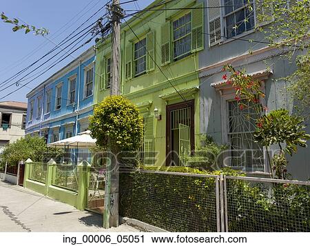 Stock Image - Facade of colorful houses, Valparaiso, Chile. Fotosearch