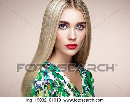 Fashion portrait of elegant woman with magnificent hair. Blonde girl. Perfect make-up. Hairstyle. Summer dress View Large Photo Image Stock Photo - Fashion portrait of elegant woman with magnificent hair. Blonde girl. Perfect make-up. Hairstyle. Summer dress. Fotosearch