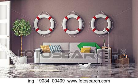 Stock Photo - flooding in interior. 3d creative concept. Fotosearch
