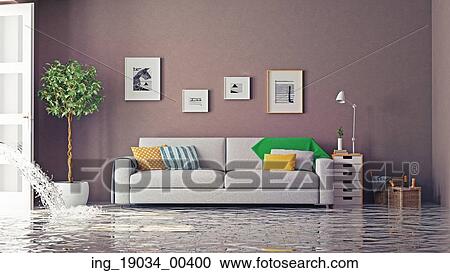 Stock Image - flooding in luxurious interior. 3d creative concept. Fotosearch