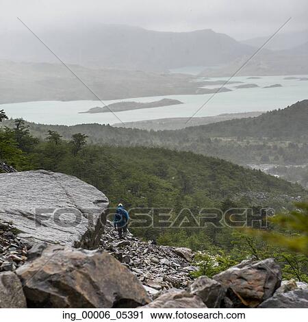 Stock Image - Hiker at W-Trek, French Valley, Torres del Paine National Park, Patagonia, Chile. Fotosearch