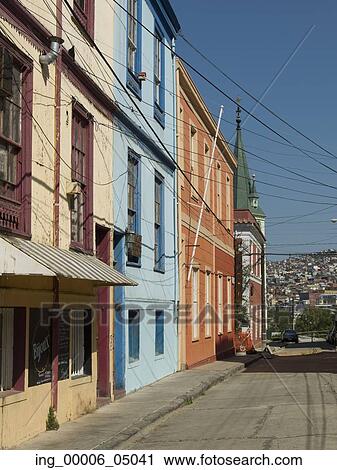 Stock Image - Houses along a street, Valparaiso, Chile. Fotosearch