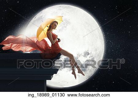 Lady with umbrella over full moon background View Large Photo Image Stock Image - Lady with umbrella over full moon background. Fotosearch