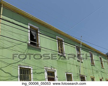 Stock Image - Low angle view of building exterior, Valparaiso, Chile. Fotosearch