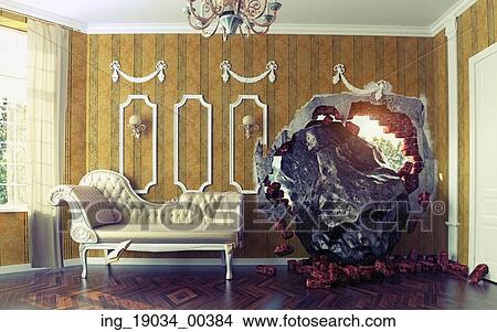 Picture - Meteorite enters the room. Photo combination creative concept. Fotosearch