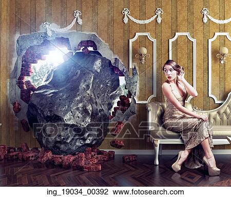 Meteorite enters the room, scaring the woman on the sofa. Photo combination creative concept View Large Photo Image Stock Image - Meteorite enters the room, scaring the woman on the sofa. Photo combination creative concept. Fotosearch