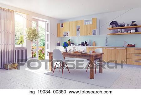 Stock Image - modern kitchen interior. 3d design concept.. Fotosearch