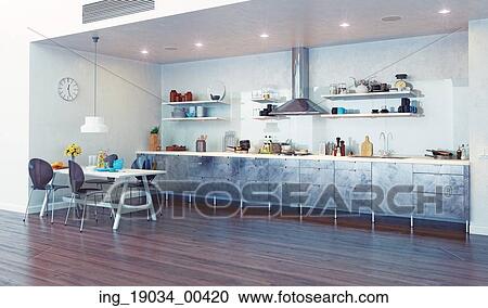 Stock Image - modern kitchen interior. 3d design concept. Fotosearch