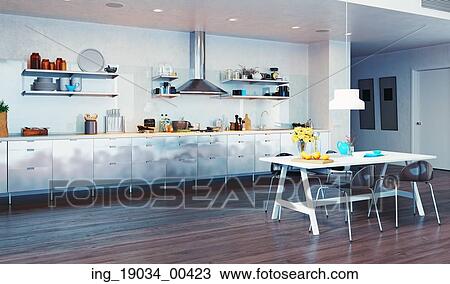 modern kitchen interior. 3d design concept View Large Photo Image Stock Image - modern kitchen interior. 3d design concept. Fotosearch
