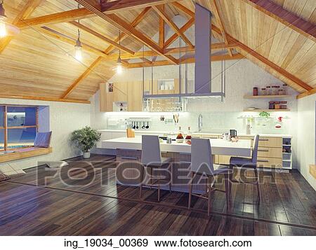 Stock Photo - modern kitchen interior with island in the attic (3d design concept). Fotosearch