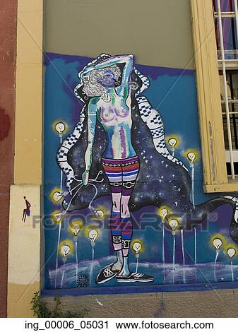 Stock Image - Mural on exterior wall, Valparaiso, Chile. Fotosearch