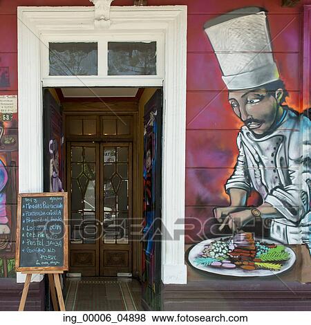 Stock Photo - Mural on wall of a restaurant, Calle Antonia Lopez de Bello, Santiago, Santiago Metropolitan Region, Chile. Fotosearch