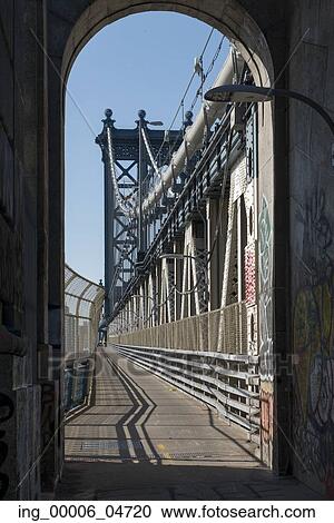 Stock Image - Pedestrian pathway along the Manhattan Bridge, Manhattan, New York City, New York State, USA. Fotosearch