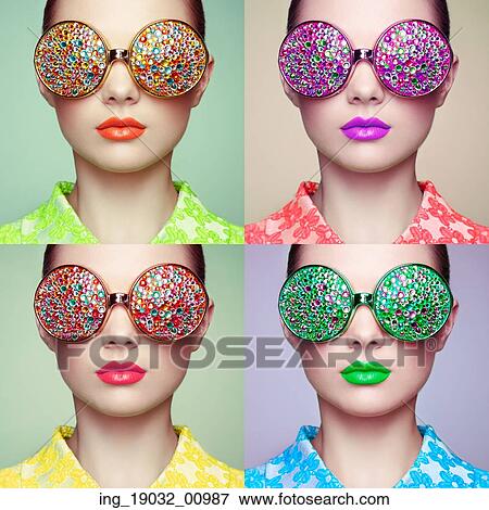Stock Photo - Portrait of beautiful young woman with colored glasses. Beauty fashion. Perfect make-up. Colorful decoration. Jewelry. Fotosearch