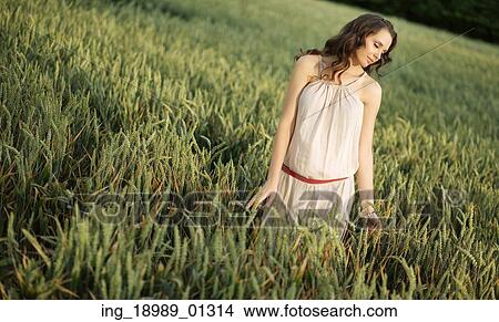 Picture - Portrait of the young lady among ears of the cereal crop. Fotosearch