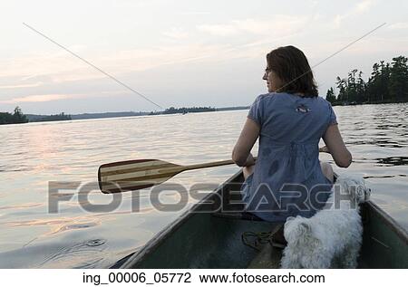 Rear view of a woman rowing boat with puppy in lake, Lake of the Woods, Ontario, Canada View Large Photo Image Stock Image - Rear view of a woman rowing boat with puppy in lake, Lake of the Woods, Ontario, Canada. Fotosearch
