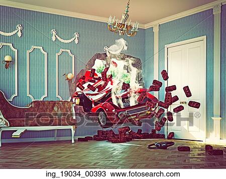 Stock Image - red car breaks the wall in luxurious interior. 3d creative concept. Fotosearch