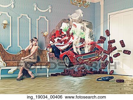 Stock Photograph - red car breaks the wall in luxurious interior with frightened woman. 3d creative concept. Fotosearch