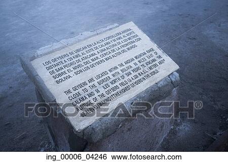 Stock Photograph - Sign at El Tatio geyser, San Pedro de Atacama, El Loa Province, Antofagasta Region, Chile. Fotosearch