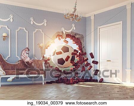 Stock Photo - soccer ball break wall in the luxury room. 3d creative concept. Fotosearch