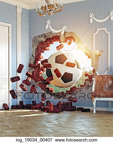 Stock Photo - soccer ball break wall in the luxury room. 3d creative concept. Fotosearch