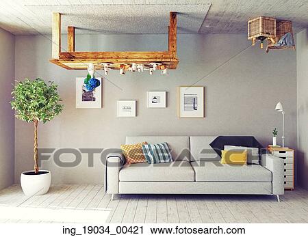 Stock Image - strange living room interior. 3d design concept. Fotosearch