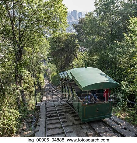 Tram moving on the San Cristobal Hill, Santiago, Santiago Metropolitan Region, Chile View Large Photo Image Stock Photo - Tram moving on the San Cristobal Hill, Santiago, Santiago Metropolitan Region, Chile. Fotosearch