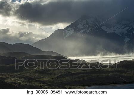 Stock Image - View of a lake with mountains, Torres del Paine National Park, Patagonia, Chile. Fotosearch
