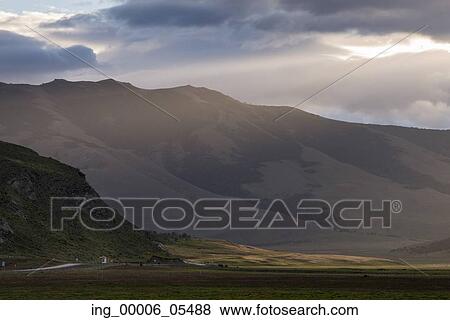 Stock Photo - View of a valley with mountains, Torres del Paine National Park, Patagonia, Chile. Fotosearch