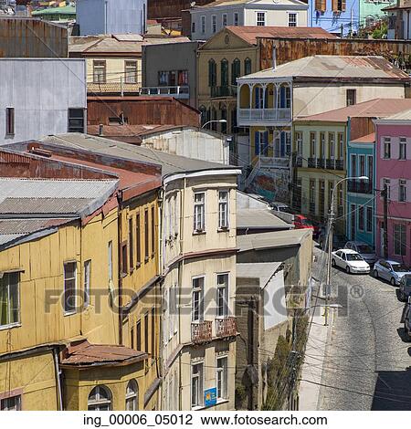 Stock Image - View of buildings along street, Valparaiso, Chile. Fotosearch