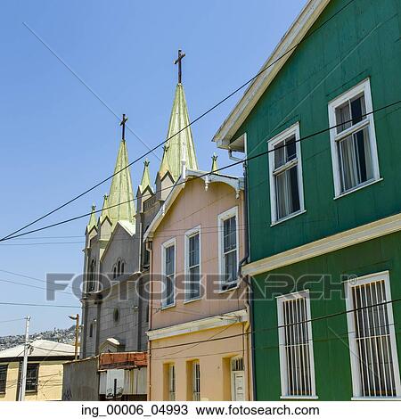 Stock Image - View of houses with church, Valparaiso, Chile. Fotosearch