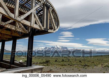 Stock Image - View of lake with mountains from Tierra Patagonia Hotel &amp; Spa, Torres del Paine National Park, Patagonia, Chile. Fotosearch