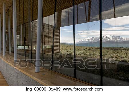 Stock Photo - View of lake with mountains from Tierra Patagonia Hotel &amp; Spa, Torres del Paine National Park, Patagonia, Chile. Fotosearch