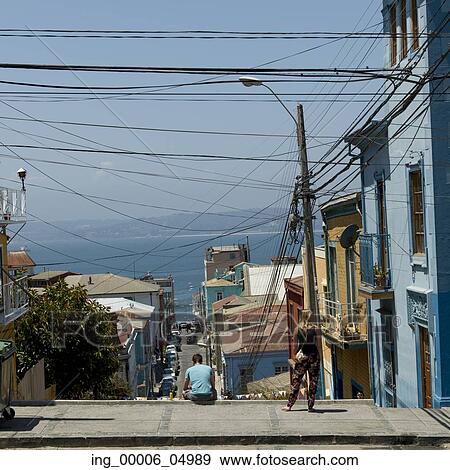 View of street with houses towards ocean, Valparaiso, Chile View Large Photo Image Stock Photo - View of street with houses towards ocean, Valparaiso, Chile. Fotosearch