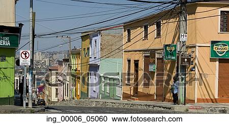 Stock Image - View of street with houses, Valparaiso, Chile. Fotosearch