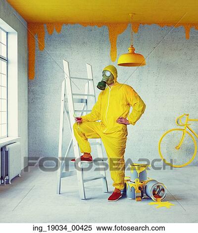 Stock Photography - white interior with yellow painter and painted in yellow ceiling. 3d concept. Fotosearch