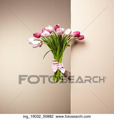 Stock Image - Woman with bouquet of flowers in her hands. Flowers. Spring. Tulips. March 8. Fashion photo. Fotosearch