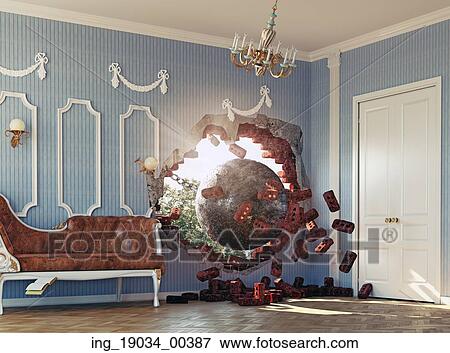 wrecking ball enters the room. 3d creative concept View Large Photo Image Stock Photo - wrecking ball enters the room. 3d creative concept. Fotosearch