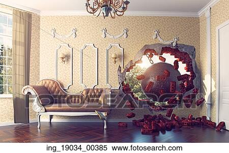 wrecking ball enters the room. 3d creative concept View Large Photo Image Stock Photography - wrecking ball enters the room. 3d creative concept. Fotosearch