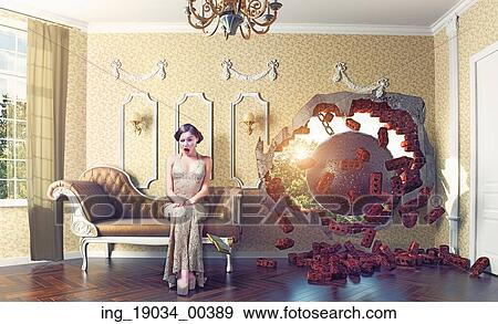 wrecking ball enters the room, scaring the woman on the sofa. Photo combination creative concept View Large Photo Image Stock Photo - wrecking ball enters the room, scaring the woman on the sofa. Photo combination creative concept. Fotosearch